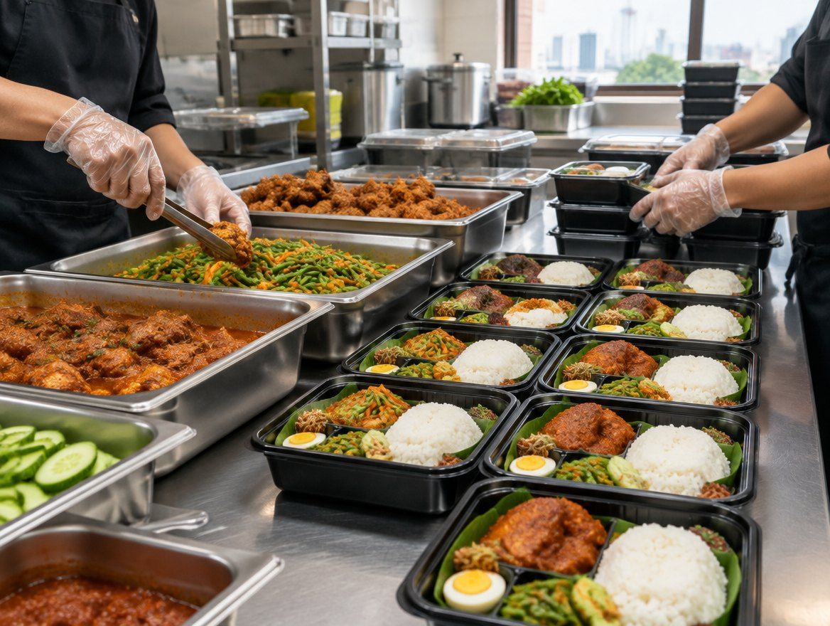 Dapur katering korporat menyiapkan kotak makanan pejabat