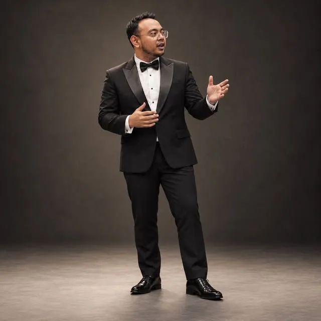 Iskandar Danial, coach business development, sedang bercakap berpakaian tuksedo