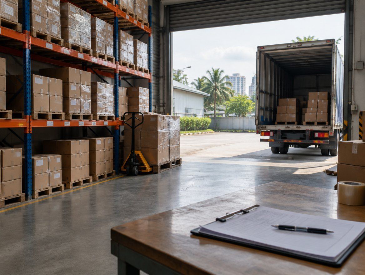 Gudang syarikat logistik dengan lori di pintu muatan