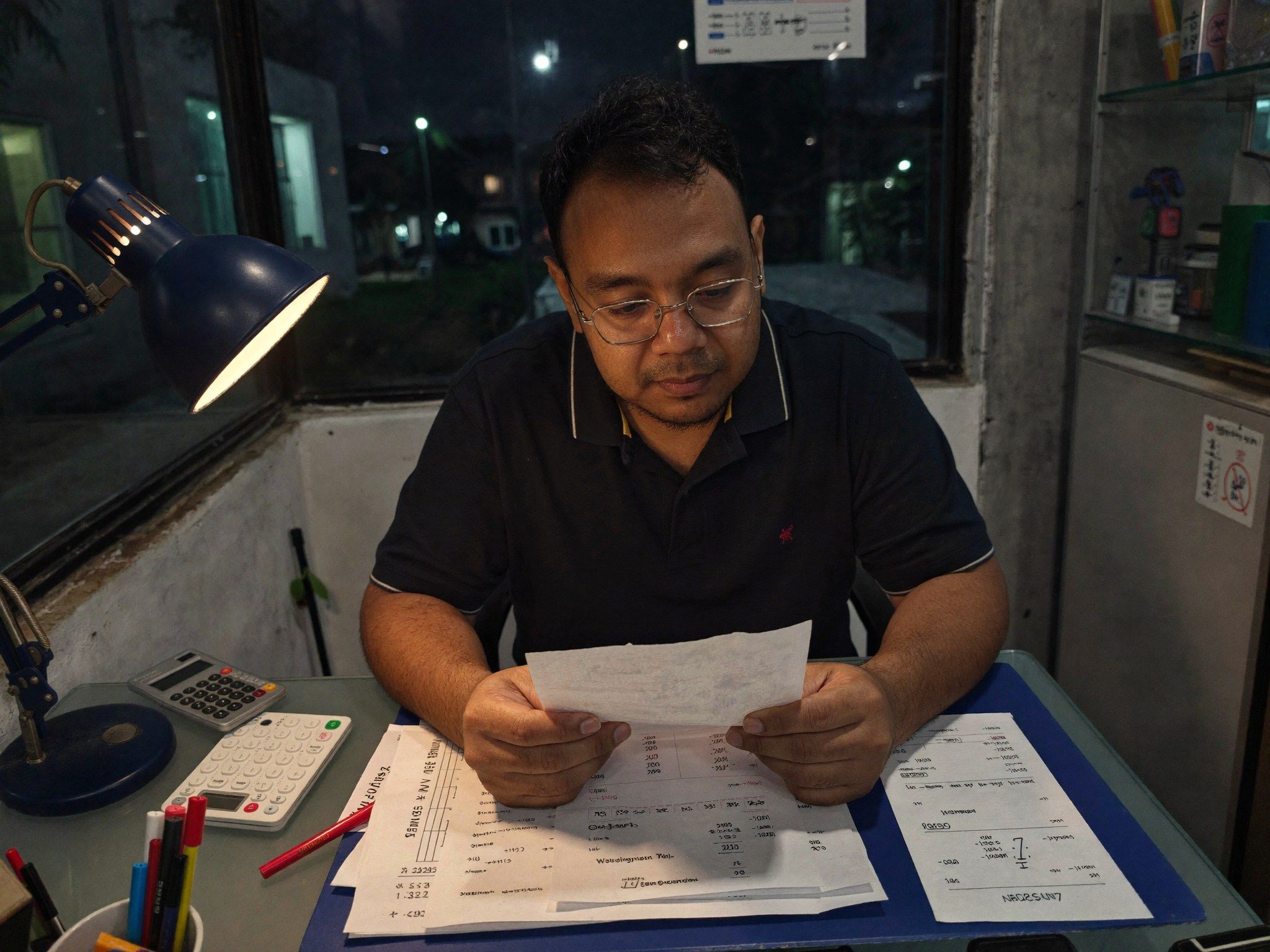 Iskandar menyemak invois di meja pada waktu malam