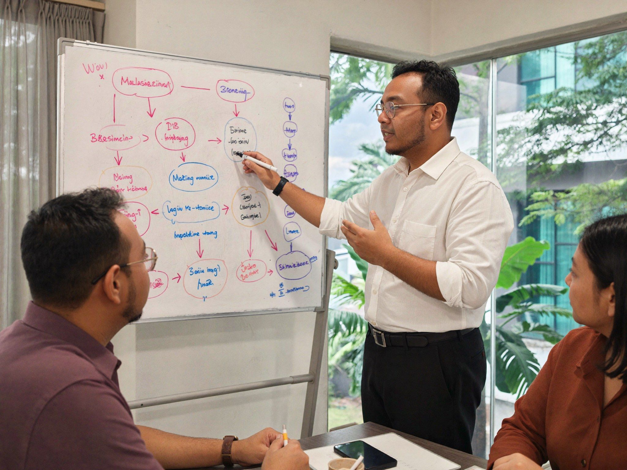 Iskandar menerangkan strategi di papan putih kepada dua pemilik bisnes